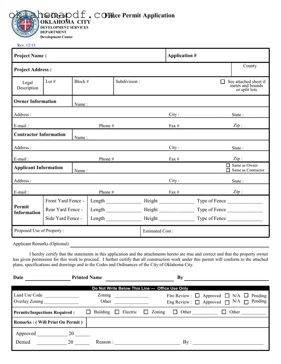 Fill Out a Valid Fence Permit Application Oklahoma Template
