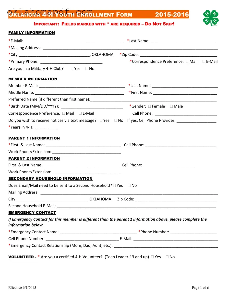 Fill Out a Valid Oklahoma 4 H Youth Enrollment Template