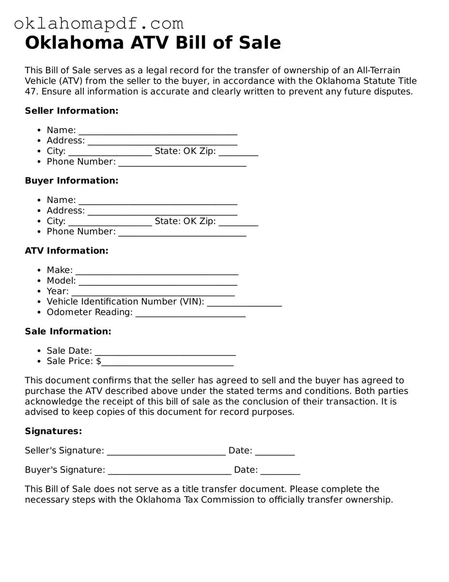Official Oklahoma ATV Bill of Sale Form