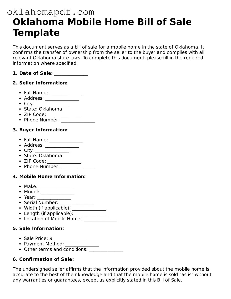 Official Oklahoma Mobile Home Bill of Sale Form