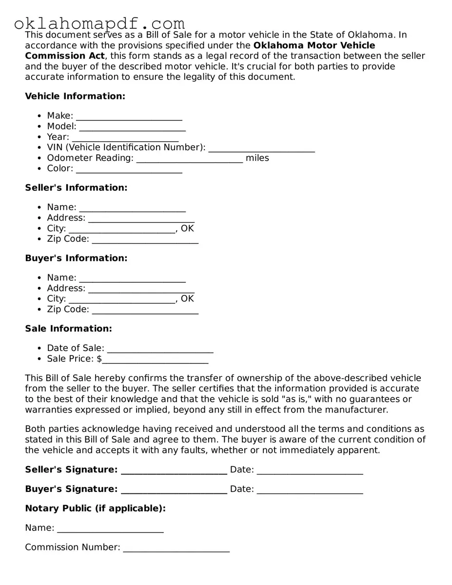 Official Oklahoma Motor Vehicle Bill of Sale Form