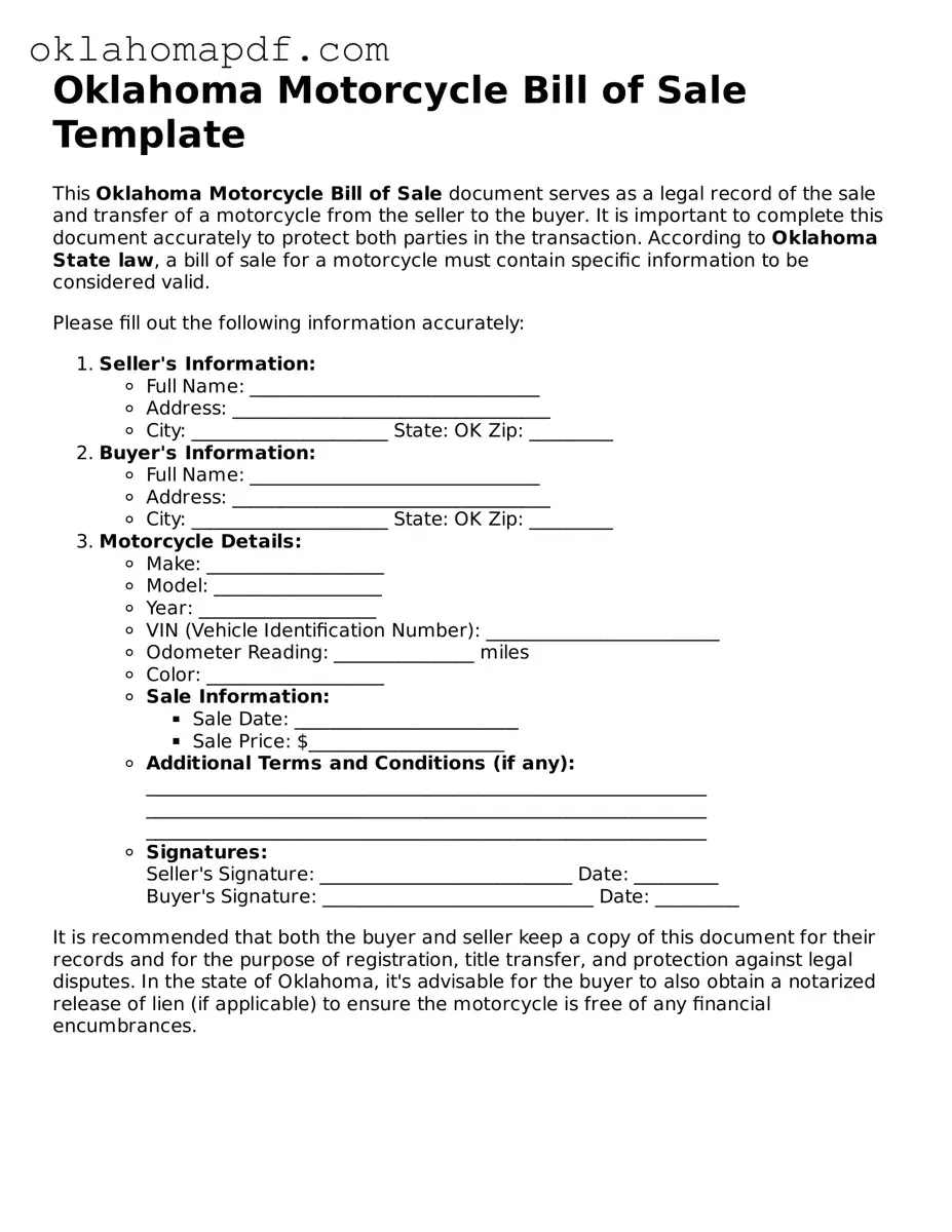 Official Oklahoma Motorcycle Bill of Sale Form