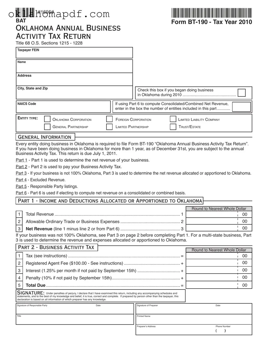 Fill Out a Valid Oklahoma Bt 190 Template