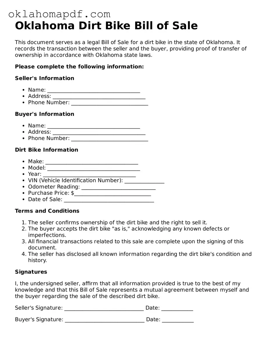 Official Oklahoma Dirt Bike Bill of Sale Form