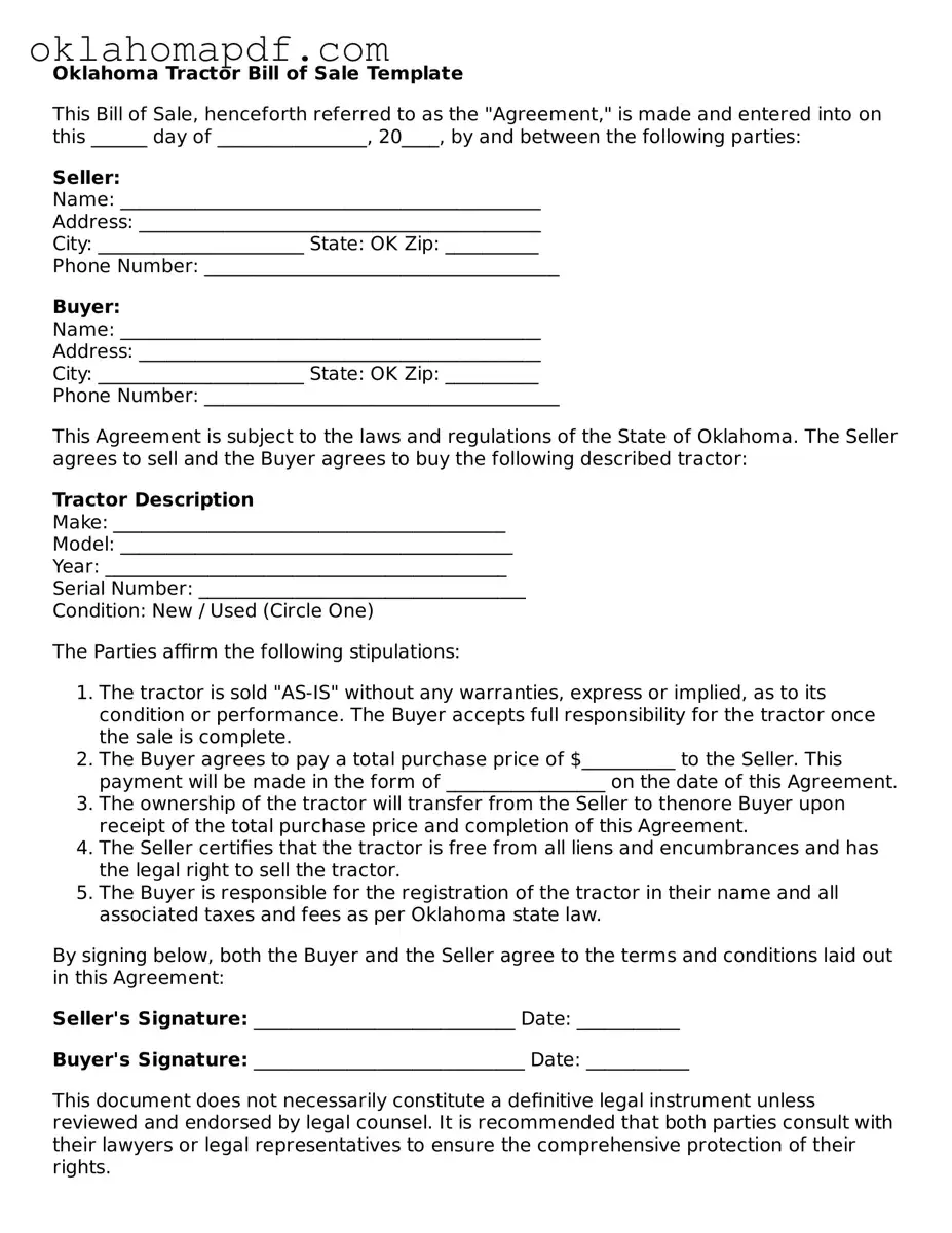 Official Oklahoma Tractor Bill of Sale Form