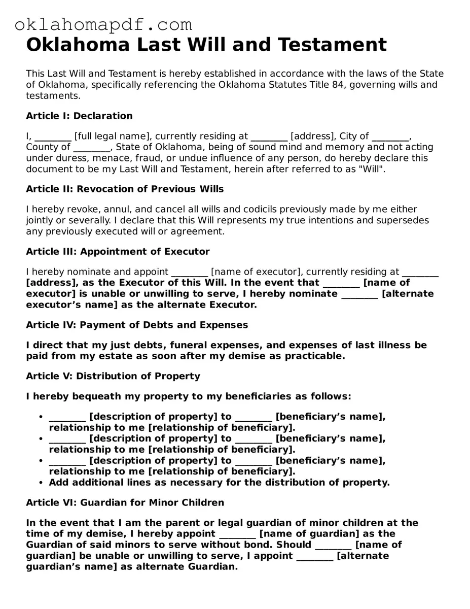 Official Oklahoma Last Will and Testament Form
