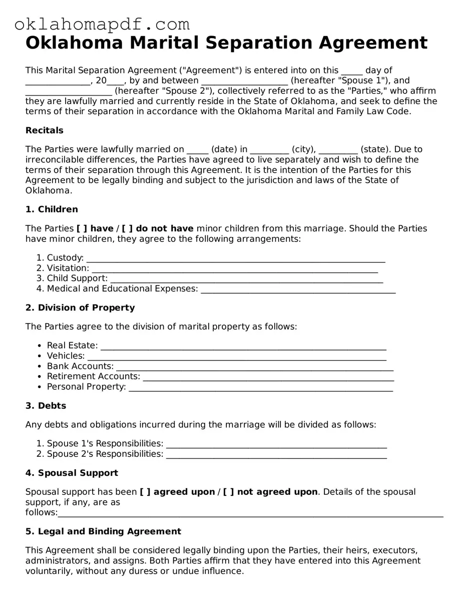 Official Oklahoma Marital Separation Agreement Form