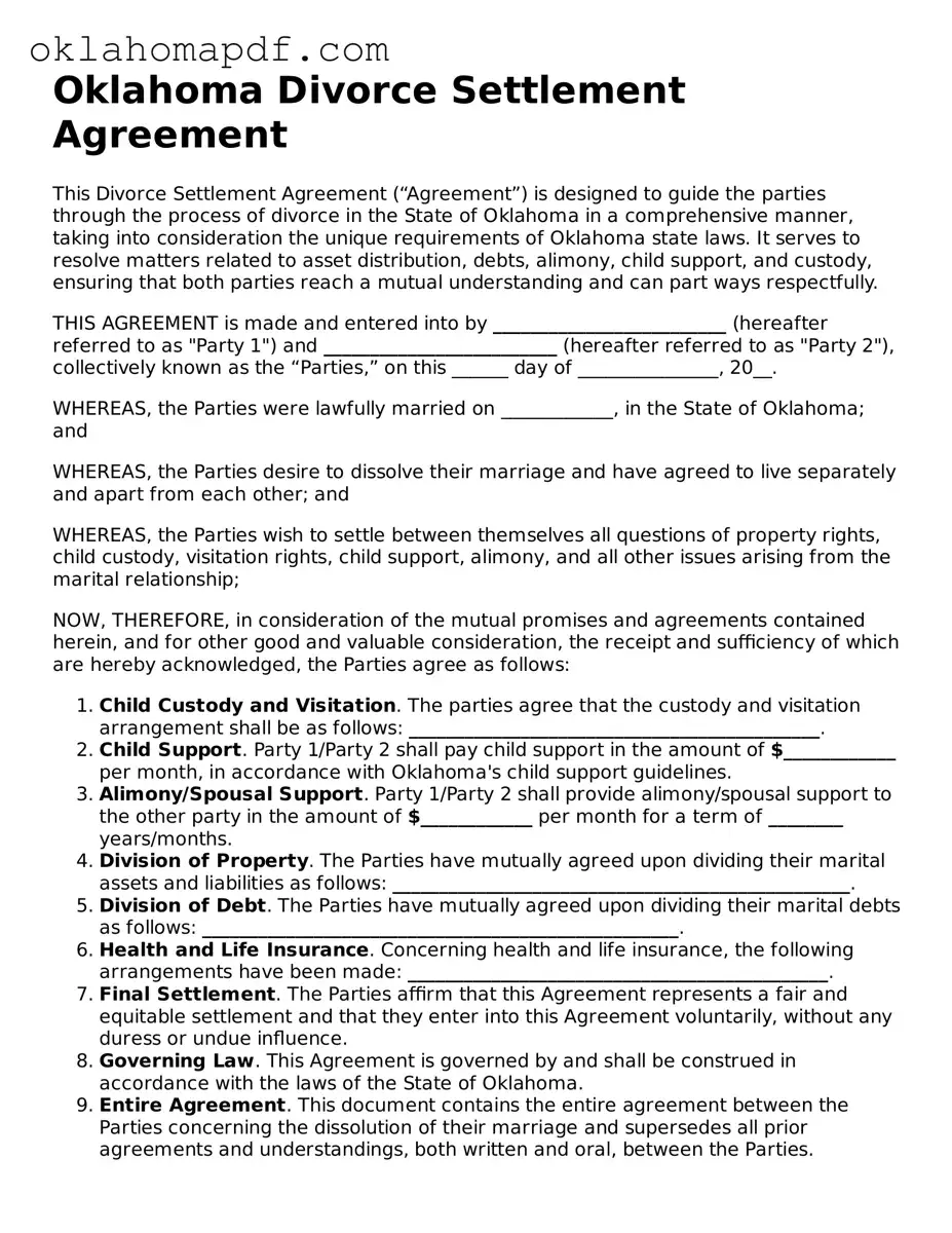 Official Oklahoma Divorce Settlement Agreement Form