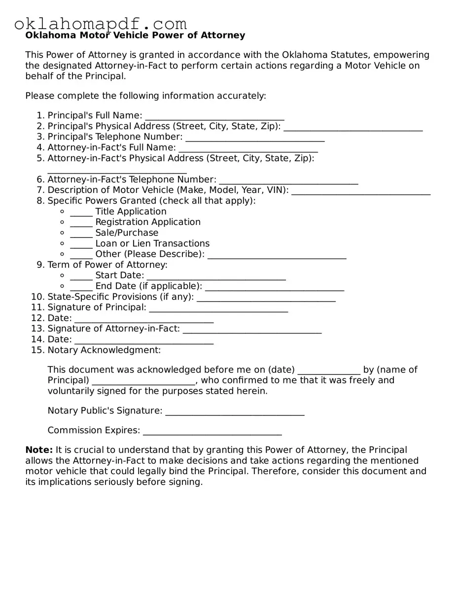 Official Oklahoma Motor Vehicle Power of Attorney Form