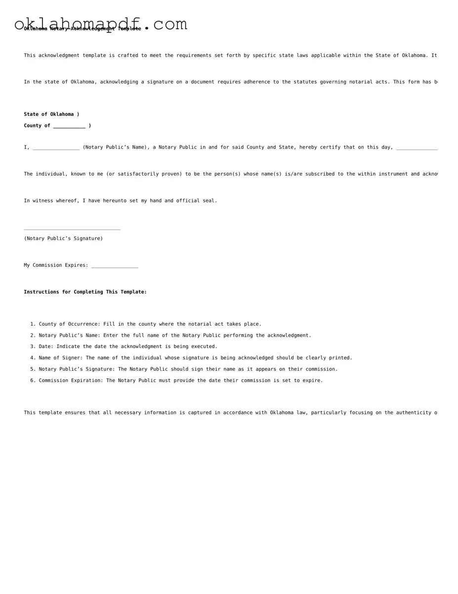 Official Oklahoma Notary Acknowledgement Form