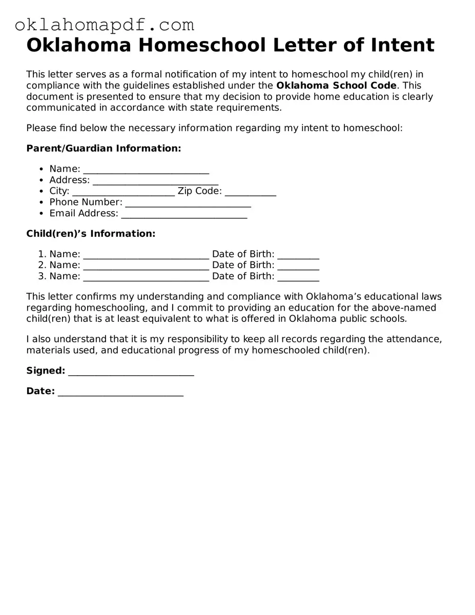 Official Oklahoma Homeschool Letter of Intent Form