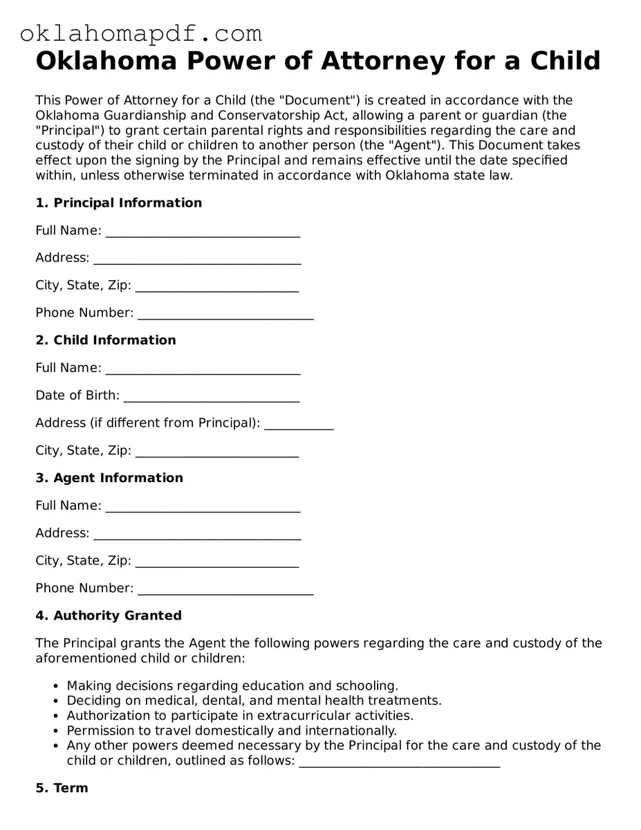 Official Oklahoma Power of Attorney for a Child Form