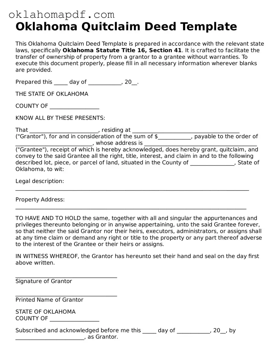 Official Oklahoma Quitclaim Deed Form