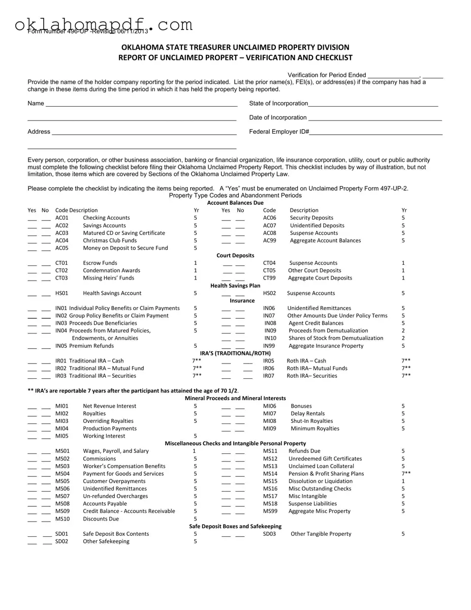 Fill Out a Valid Oklahoma Unclaimed Property 496 Up Template