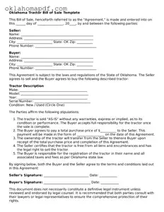 Official Oklahoma Tractor Bill of Sale Form