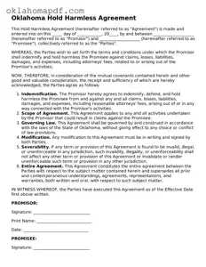 Official Oklahoma Hold Harmless Agreement Form